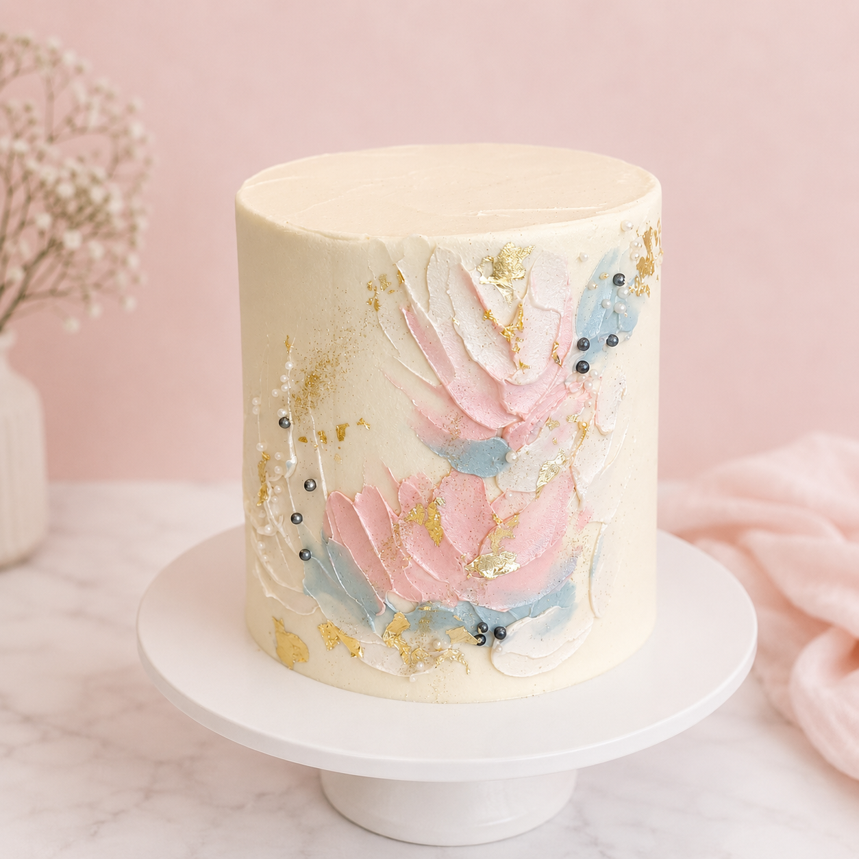 Decorative cake with floral design on a pink background