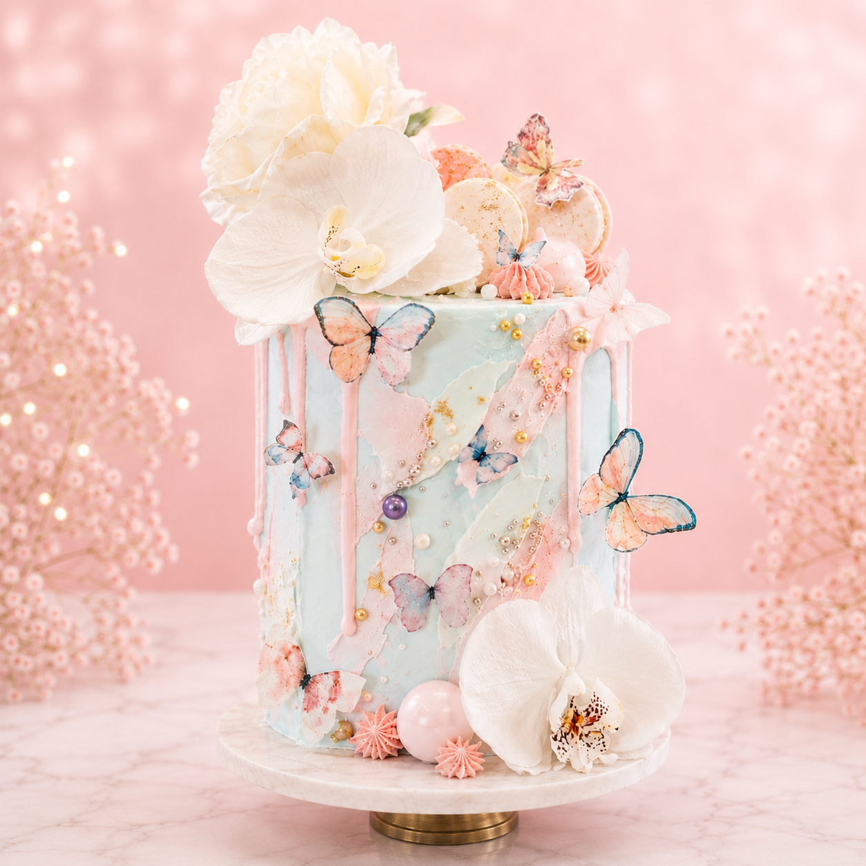 Decorative cake with flowers and butterflies on a pink background