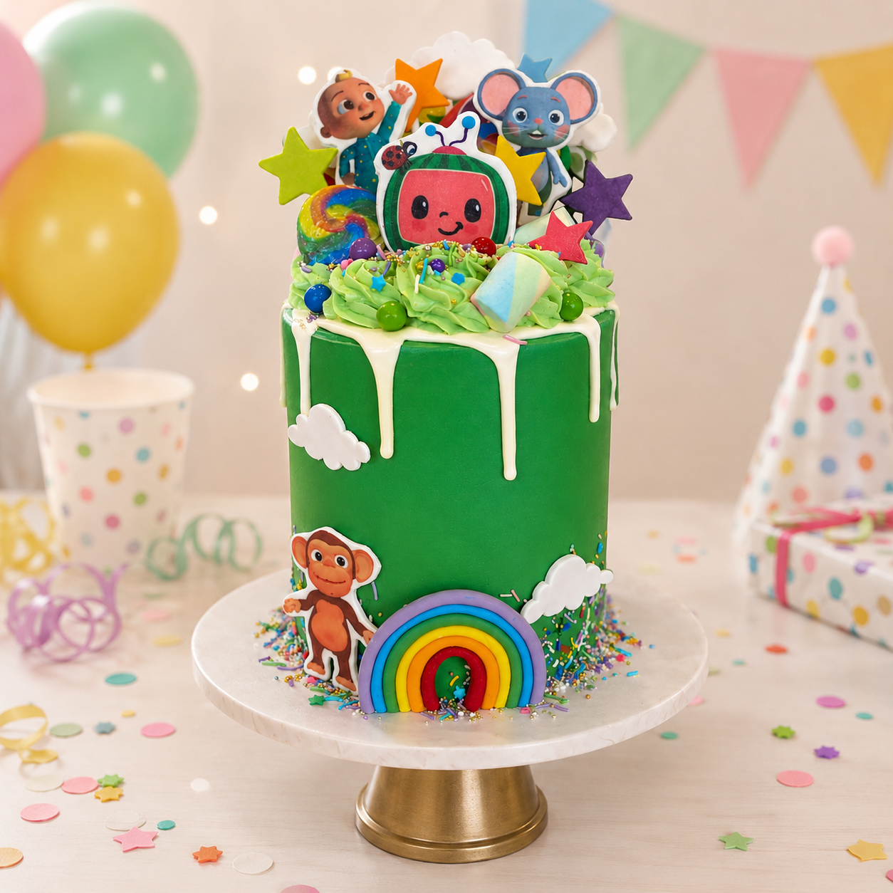 Colorful birthday cake with cartoon character decorations on a table with balloons and party hats.
