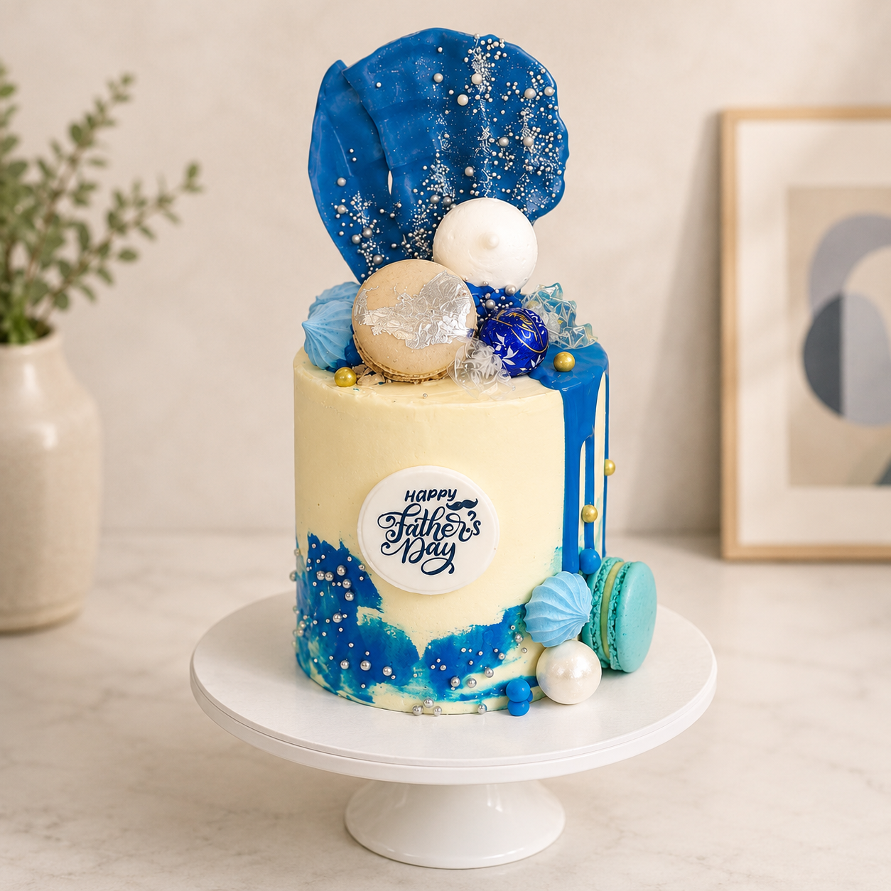 Decorative cake with blue and white elements on a white stand, featuring 'Happy Father's Day' text.