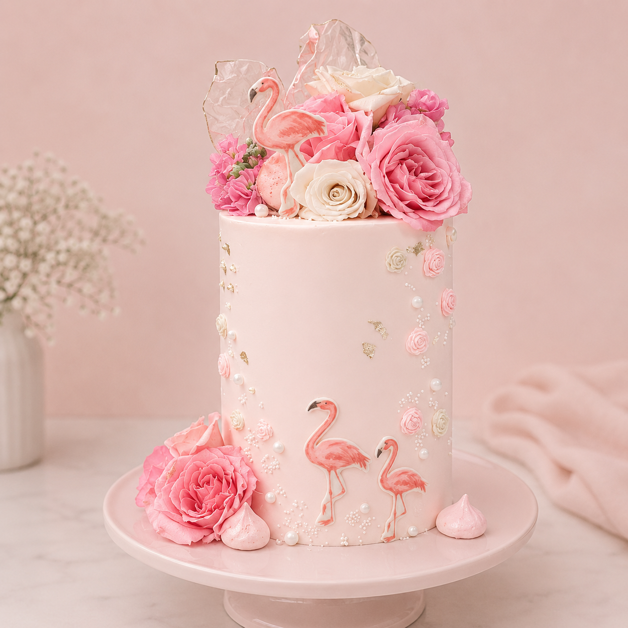 Decorative cake with pink flamingo and flower design on a light pink background