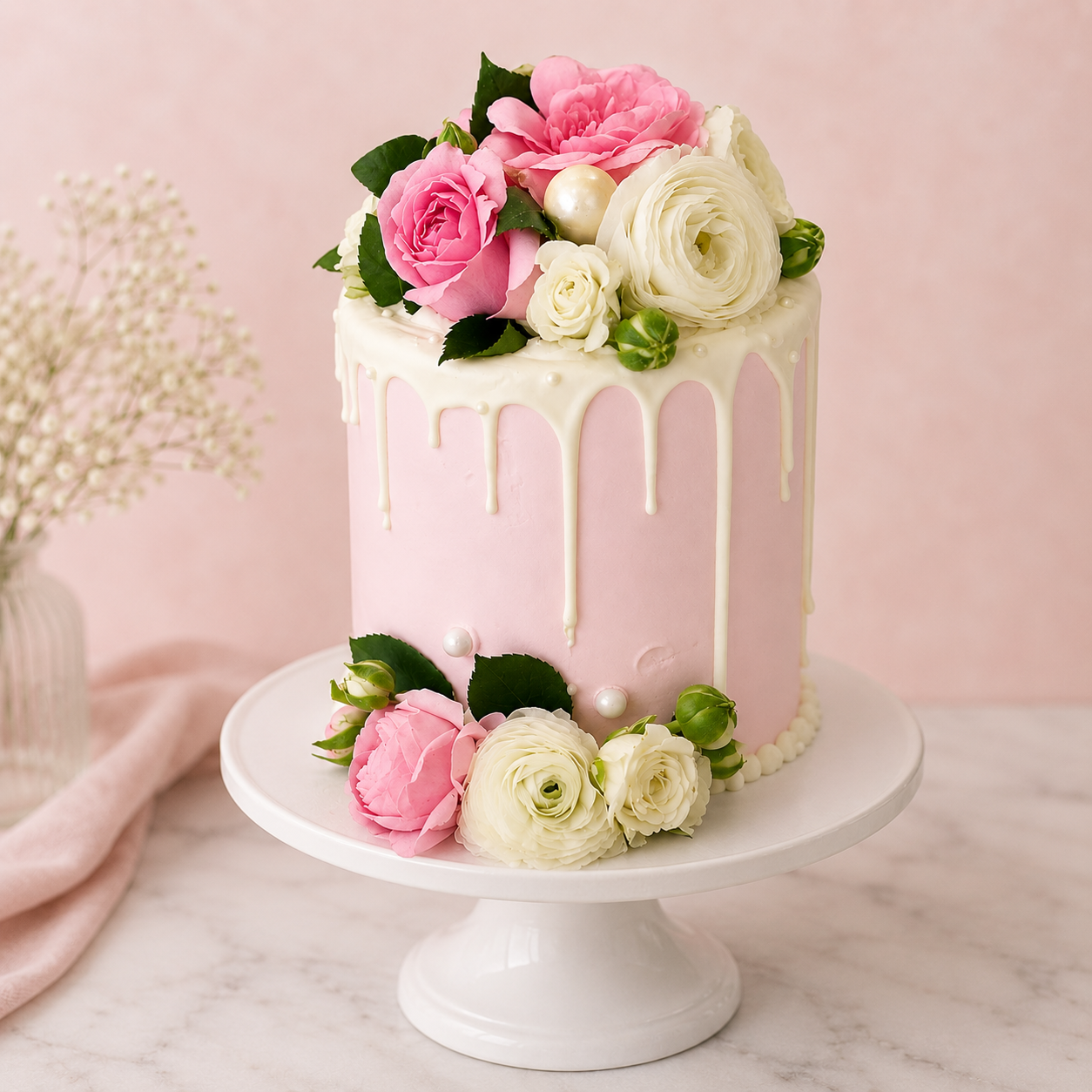 Pink cake with floral decorations on a white cake stand against a pink background