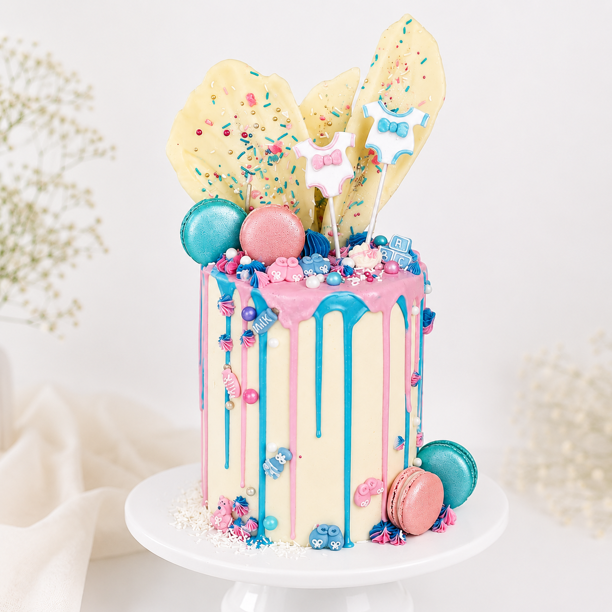 Colorful cake with pastel decorations on a white background
