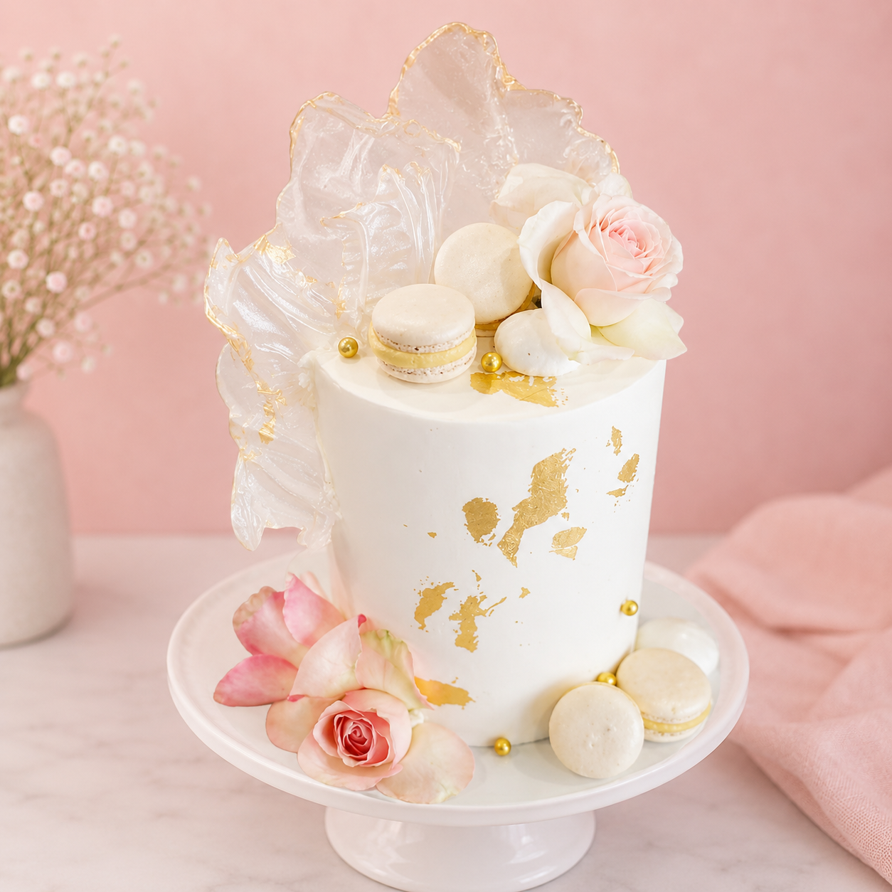 Decorative cake with flowers and gold accents on a pink background