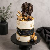 Decorative cake with chocolate and gold elements on a stand against a neutral background