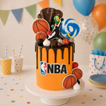 NBA-themed birthday cake with basketballs and decorations on a table with colorful balloons and party supplies.