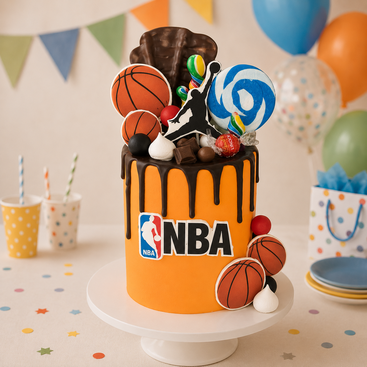 NBA-themed birthday cake with basketballs and decorations on a table with colorful balloons and party supplies.