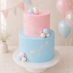 Two-tiered cake with pink and blue colors and decorative balls on a light background.