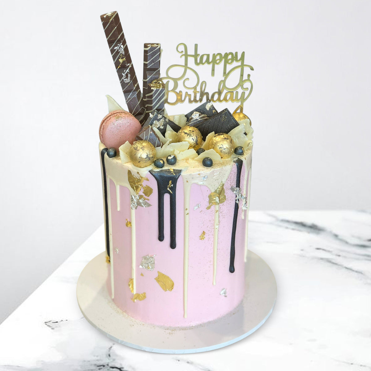 Pink, Black and Gold Drip Cake – The Cupcake Factory