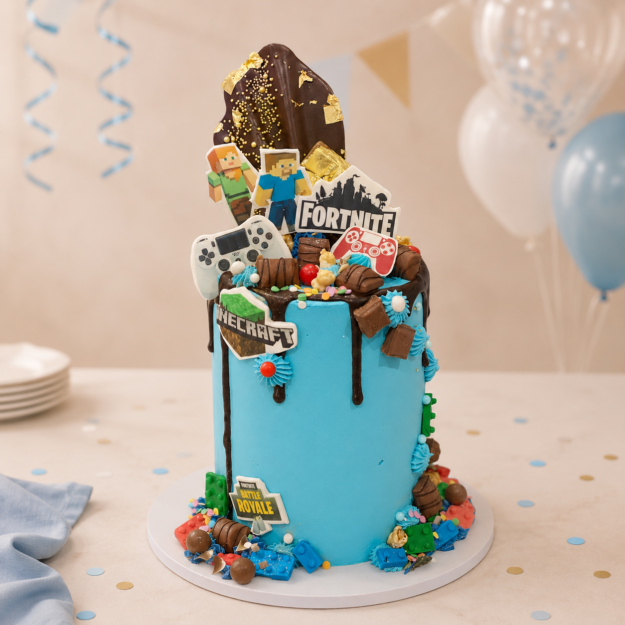 Multimedia-themed birthday cake with game character decorations on a table with balloons.