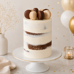 Layered cake with macarons on top, placed on a white cake stand with gold accents.