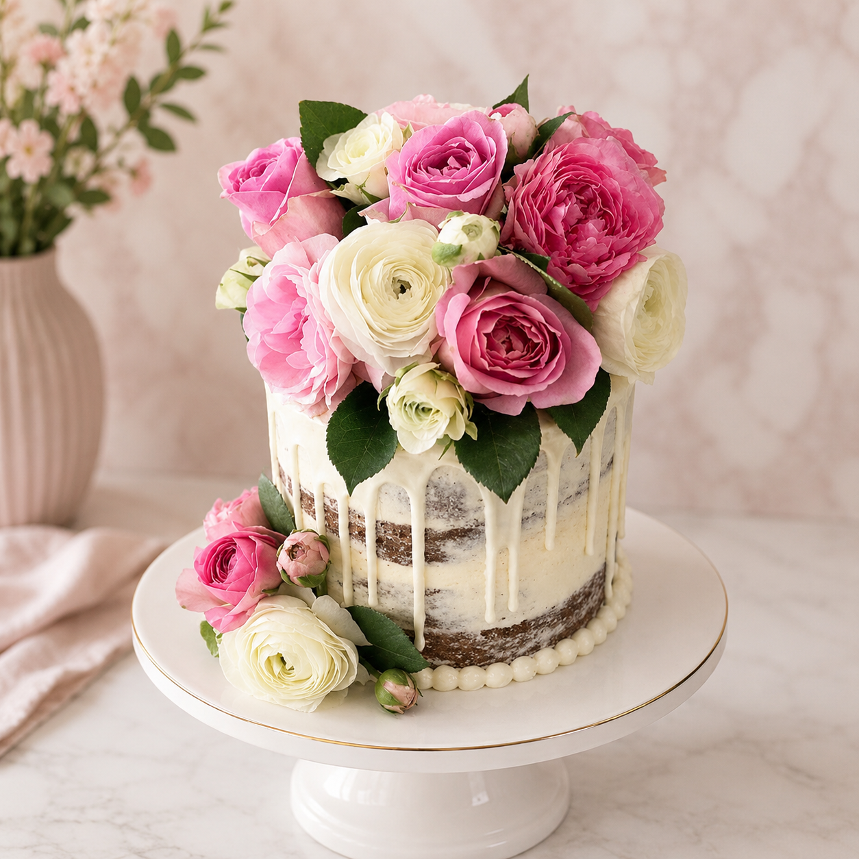 Decorative cake with pink and white flowers on a white stand.