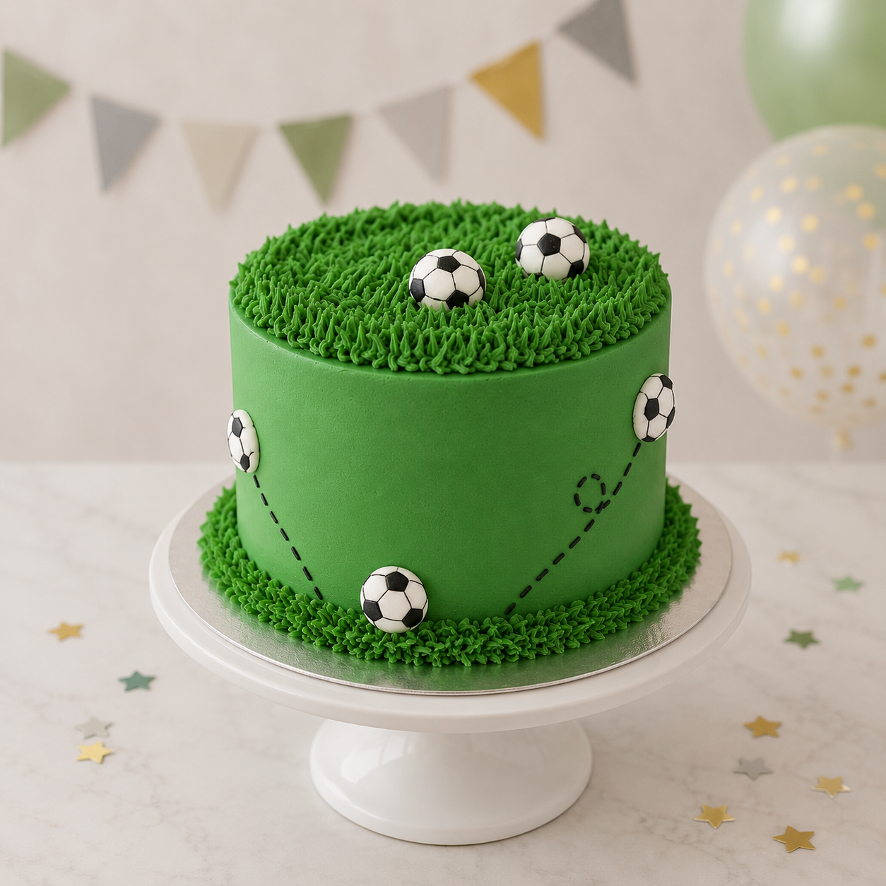 Green cake with soccer ball decorations on a white stand, surrounded by party decorations.