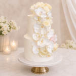 White wedding cake with floral decorations on a marble stand, set against a soft beige background.